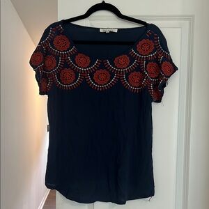 Solitaire Blue and Orange Blouse Boho Folk Artisan Rustic Artsy size L spring